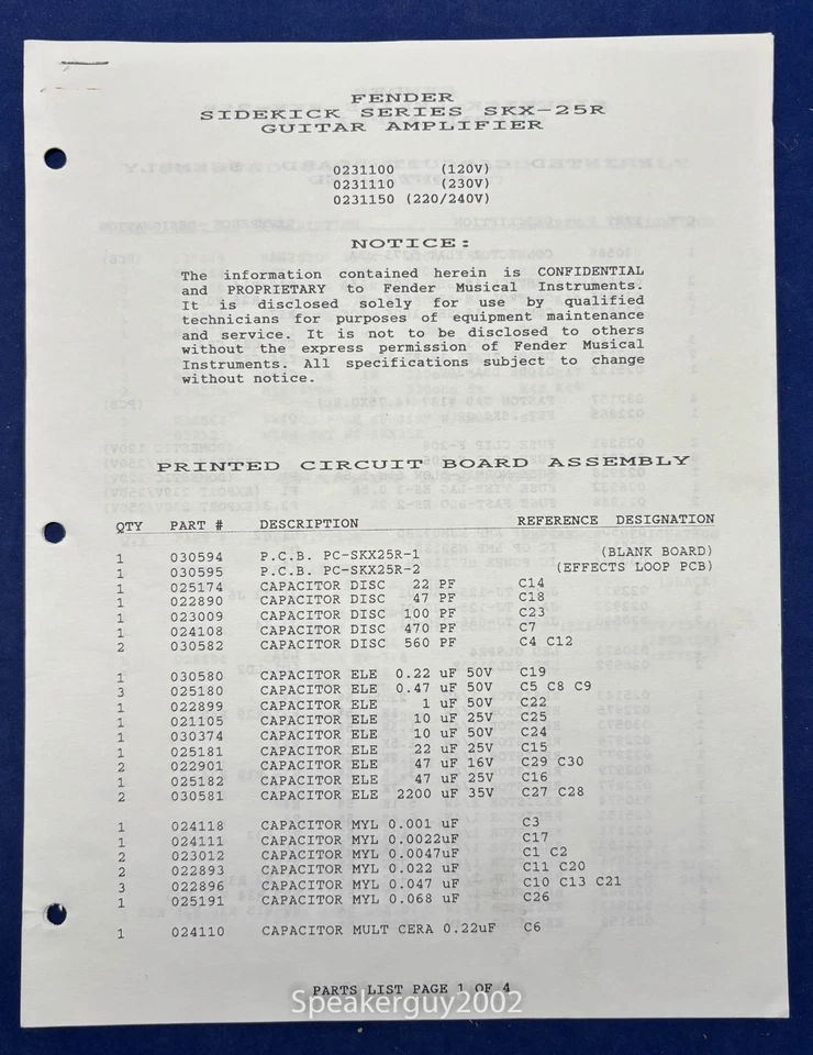Amplificador de Guitarra Original Fender SFX-25R Sidekick Esquema y Lista de Piezas Foto 1 de 1