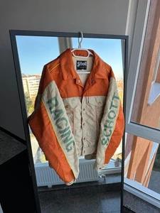 Vintage 1980s Schott NYC Racing Jacket Orange Beige Nylon Hong Kong Sz L - Picture 1 of 13
