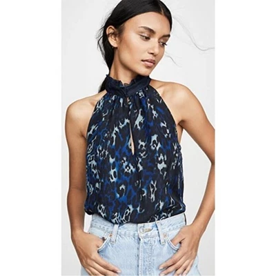 Ramy Brook Blue Allymay Sleeveless Mock Ruffle Leopard Top Blouse Silk Small - Image 1 of 4