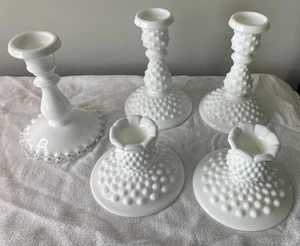 5 Vintage Fenton Milk Glass Candle Holders Silvercrest Hobnail Read Description - Picture 1 of 19