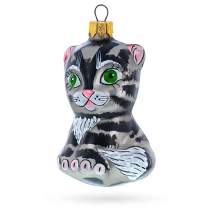 Gestreifte Katze mit grünen Augen Glas Weihnachtsschmuck - Bild 1 von 5