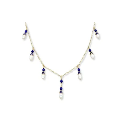 Blue Enamel Imperial Cap and Cultured Pearl Lapis Lazuli Necklace 17 inch - Image 1 of 4