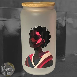 Vibrant Black Woman Frosted Glass #04 Tumbler with Bamboo Lid and Reusable Straw - Picture 1 of 3