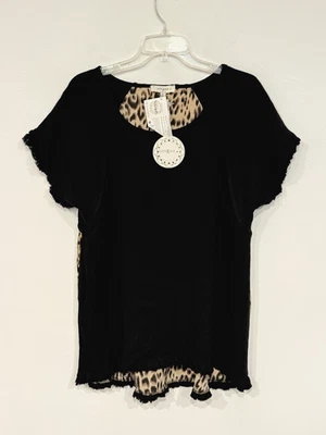 NUEVA Camisa Umgee Mujer Talla XL Negra Lino/Algodón Tejida Frontal Leopardo Sedoso Trasero Foto 1 de 4