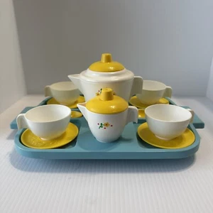 Vintage Fisher Price Küche Spiel Essen #681 Abendessen Teeservice Teetablett blau gelb - Bild 1 von 24