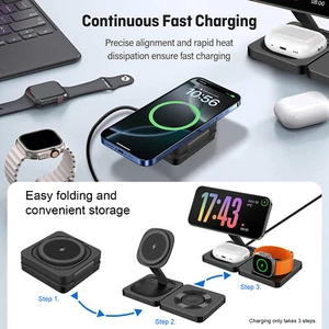 3in1 Foldable Fast Magnetic Wireless Charger For Apple Watch 10/Ultra2 iPhone 16 - Afbeelding 1 van 25