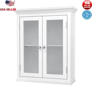 Wooden Wall Cabinet 2 Doors Adjustable Shelf Tempered Glass Storage Easy Install - Picture 1 of 8