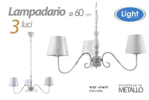 LAMPADARIO 3 LUCI METALLO BIANCO CLASSICO MODERNO COPPE TELA SHABBY CHIC 60 CM - Foto 1 di 2