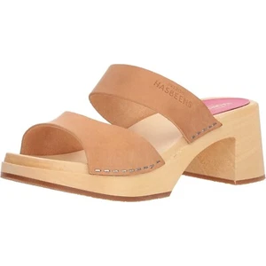 Swedish Hasbeens Women's Maria Heeled Leather Wood Nature Sandal Size EU 41 - Picture 1 of 8