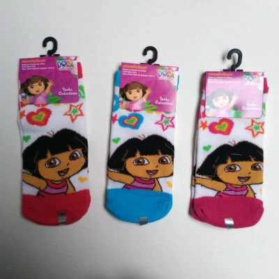 3 PAIR Dora The Explorer Kids Girl Ankle Socks Size 6-8 Stars Hearts NEW - Image 1 of 2