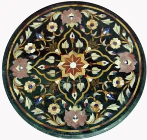 18" Verde Mármol Café Table Top Incrustado Semi Piedras Preciosas - Imagen 1 de 1