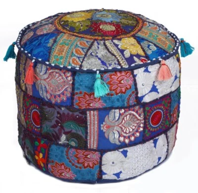Blue 17" Vintage Handmade Round Stool/Ottoman Pouf Cover Seating Throw Decor - Image 1 of 4