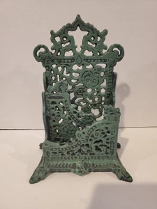 Vintage Ornate Asian Cast Iron Green Metal Mail / Letter Holder 9" Tall - Picture 1 of 6