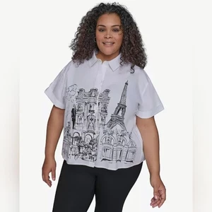 Camicia Karl Lagerfeld Paris taglie forti scena di città popeline manica corta taglia 2X nuova con etichette - Foto 1 di 9