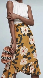 Anthropologie Eva Franco Ikebana Mustard Floral Print Midi A-Line Skirt Sz 10 - Picture 1 of 9