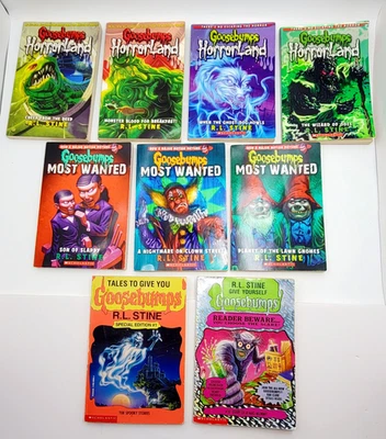 Mixed Lot of 9 RL Stine Books Goosebumps Horrorland, Most Wanted, Tales 1990's Foto 1 de 4