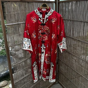 Vintage ESME 50s / 60s Chinese Red Embroidered Long Silk Robe Jacket Sz S - Picture 1 of 22