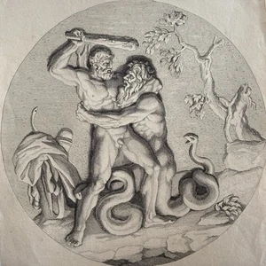 Antique Engraving Gigantomachy: Serpent-Legged Giant Battling Hercules - Picture 1 of 5
