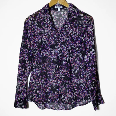 Camisa Express Portofino Negra Transparente Oscura Floral Blusa Abotonada Fluida Oficina XS Foto 1 de 4