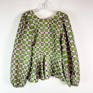 Stine Goya NWT Green Gara Metallic Check Balloon Sleeve Peplum Top Size M - Picture 1 of 9