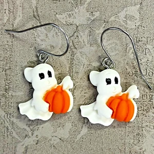 Silver Tone Ghost with Pumpkin Charms Dangle Earrings. Halloween. Pumpkin. S292 - Picture 1 of 2