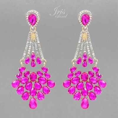 Pink Dangle Earrings Fuchsia Crystal Rhinestone Chandelier Women Prom Jewelry 91 - Image 1 of 4