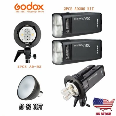 US 2X Godox 2.4 TTL 1/8000s AD200 Pocket Flash With AD-B2 dual power flash head - Image 1 of 4