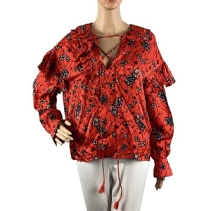 Joie Rainie Poinciana Multi Floral Peasant Blouse Boho Tie-Neck Balloon Sleeve X - Picture 1 of 7