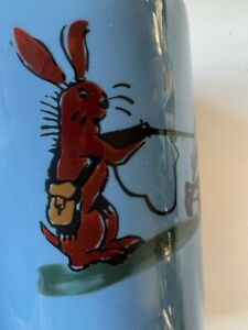 Rabbit Hunting Woodsman Germany? MCM Blue Glass Vintage Tumbler Cartoon Vase