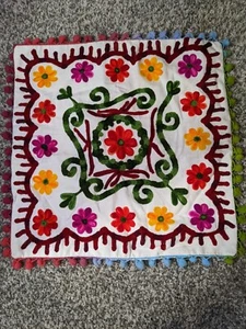 Suzani Pillow Covers Pom Pom 16x16 Embroidered Decorative Cotton Cushion Shams - Picture 1 of 5