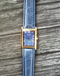 Herren Slim Gold Tank Rechteckig Blaues Zifferblatt Blau Leder Neu Mvt & Batt*** - Bild 1 von 9