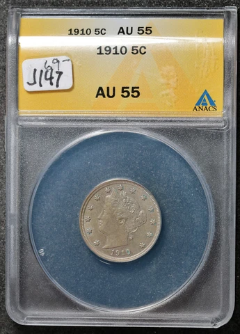 1910 Liberty Nickel.  In ANACS Holder.  AU 55.  J147 Cover