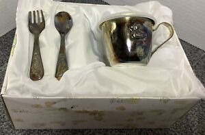 New ListingBaby Silver plated Feeding Set, Cup, Fork, Spoon, Duckling Imprint, Vintage