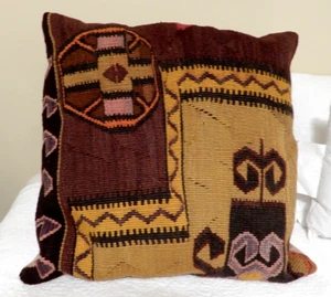 Turkish Kilim Large Wool Pillow 24 X 24 Boho Gold/Brown EUC - Picture 1 of 11
