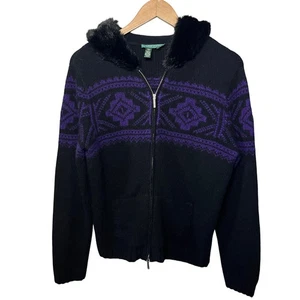 Lauren Ralph Lauren Pullover schwarz lila Wolle Angora Full Zip Kapuze Fellbesatz PL - Bild 1 von 7