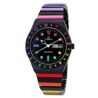 Reloj Timex Q arco iris cuarzo esfera negra banda de expansión para dama TW2V65900 Foto 1 de 3
