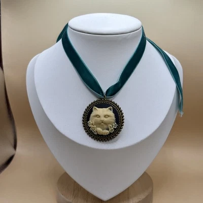 3D Cat Pendant Necklace On Velvet  Aqua Blue Ribbon - Image 1 of 4