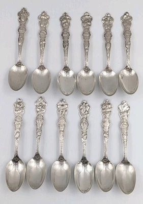 Complete Set of 12 Months Sterling Silver Zodiac Flower Spoons 1910's Wallace - Image 1 of 4