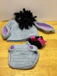 Handmade Newborn Crocheted Eeyore Hat and Diaper Cover Photo Props - Picture 1 of 10