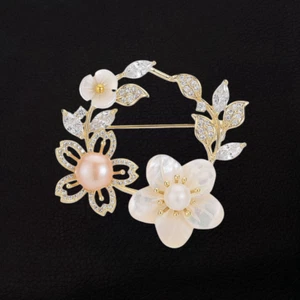 Women's Gold Plated Shell Pearl Cubic Zircon Flower Leaf Brooch Pin - Picture 1 of 3