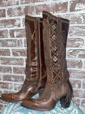 Double D Ranch by Lane 棕色多明戈流苏靴 西部牛仔 尺码 5 S2 — 第 1/4 张图片