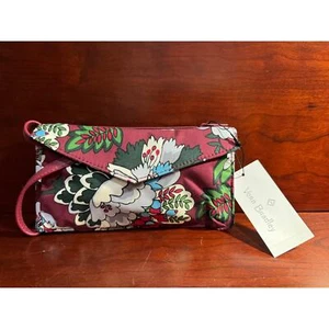 Vera Bradley ikonischer RFID-Umschlag Umhängetasche in Bordeauxblüten Neu mit Etikett - Bild 1 von 9