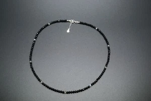 Black Faceted Tourmaline Labradorite Beaded Necklace Silver Adjustable 3.3mm - Picture 1 of 12