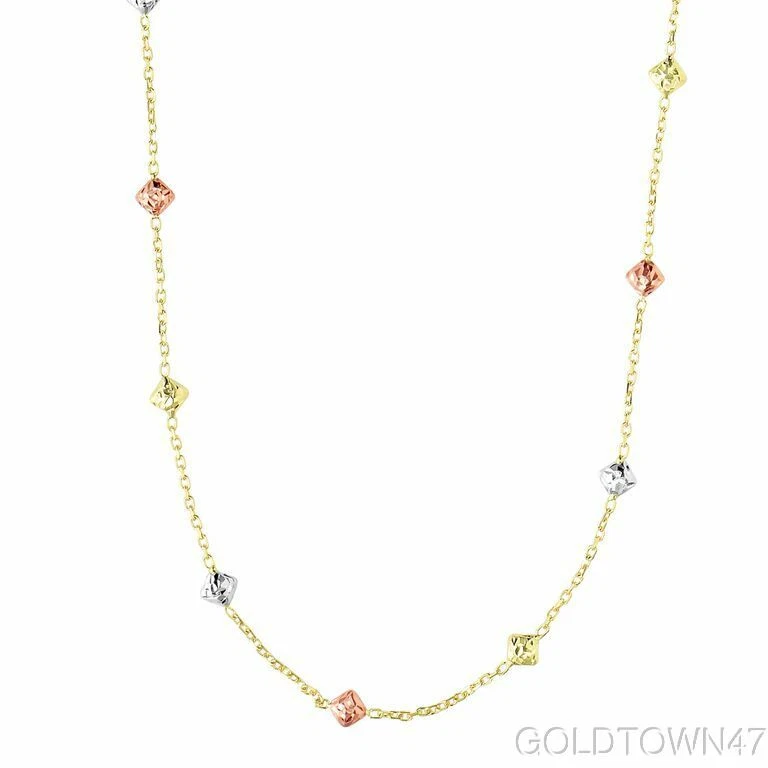 Cadena cable amarilla con cuentas en forma de diamante de oro amarillo+rosa+blanco de 14kt  Foto 1 de 1