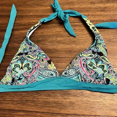 ATHLETA PAISLEY HALTER TIE BIKINI TOP talla pequeña verde azulado natación mujer Foto 1 de 4