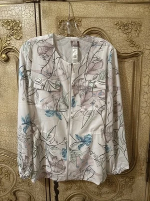 Chicos Utility Top Jacket Size 1 US Medium 8 White Pink Blue Flowers Floral NWT - Image 1 of 4