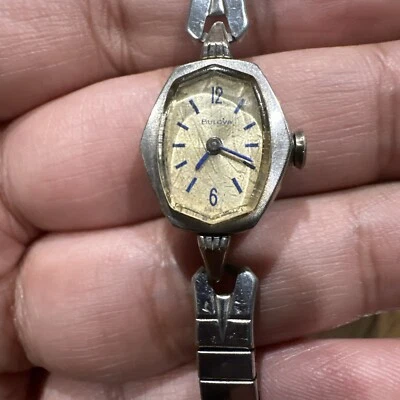RUNS 1966 Ladies' Swiss Bulova Watch N6 10K RGP Bezel Blue Stick Mechanical Wind - Image 1 of 4