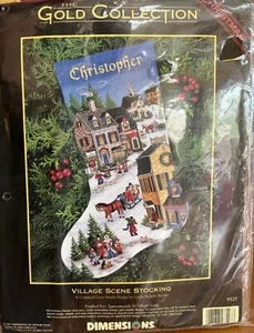 Vtg~DIMENSIONS GOLD~Village Scene Stocking~Christmas Cross Stitch Kit~8527~NEW - Picture 1 of 5