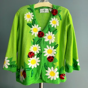 Design Options by PHILIP JANE GORDON Ladybugs Flowers CARDIGAN SWEATER Size M - Picture 1 of 11