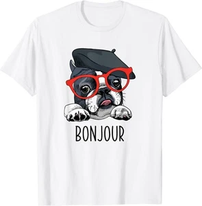 French Bulldog Gifts Men Women Frenchie Dog Glasses Bonjour Gift Unisex T-Shirt - Picture 1 of 3